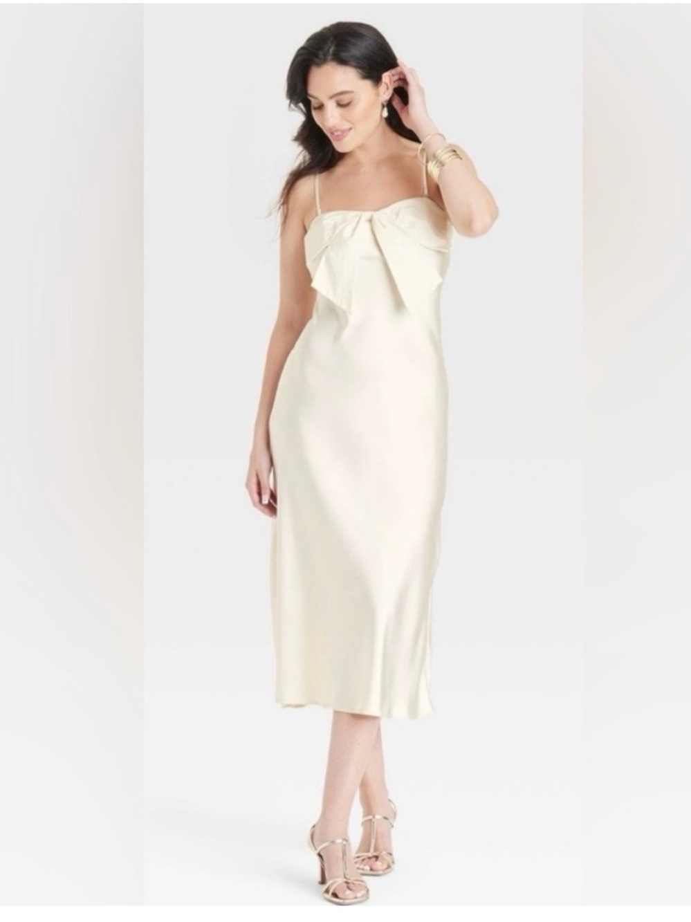 a new day Cream Slip Midi Dress Bow Front Medium